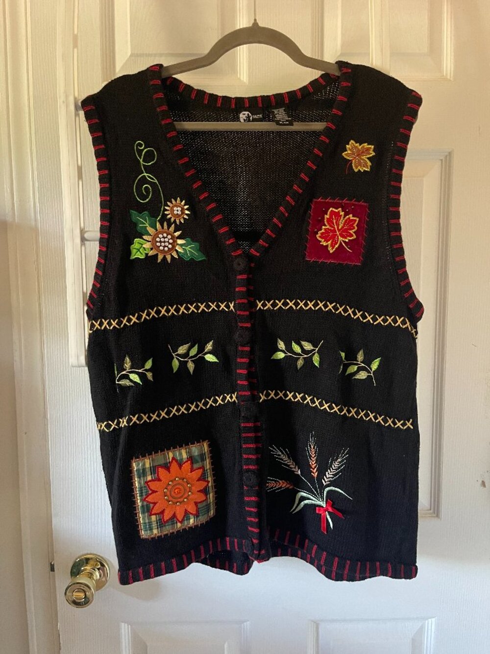 VTG Holiday Editions Autumn Harvest Sweater Vest XL Black Sunflower Leaves